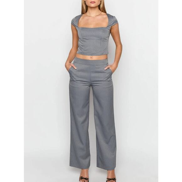 Beginning Boutique - Louis Pin Stripe Top & Pants Set in Gray & White - Picture 6 of 6